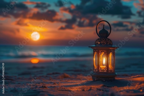 Islamic beach sunset with lantern candle  Ramadan and Eid celebrations. photo