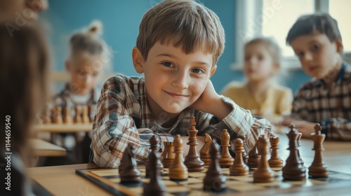 Group of school kids learning to play chess in classroom