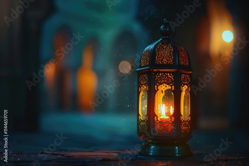 Arabic lantern with candle for Ramadan celebration. photo