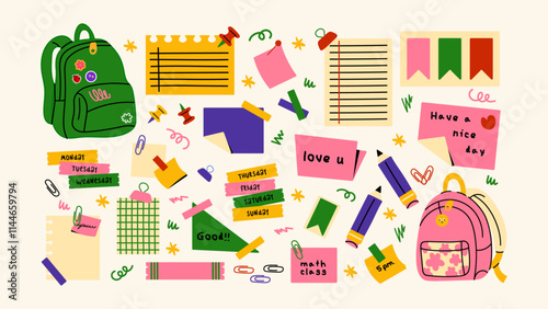 Back to school stickers. Backpacks, school items, stationery, notebooks in retro groovy cartoon style. Vector shapes for study, school, university