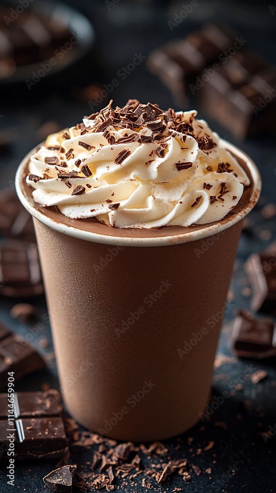 Decadent Whipped Cream Topped Hot Chocolate in Fine Porcelain Cup with Dark Chocolate Shavings Cozy Luxury Indulgence Art of Chocolate Concept Decadent Whipped Cream Topped Hot Chocolate in Fine Porcelain Cup with Dark Chocolate Shavings Cozy Luxury Indulgence Art of Chocolate Concept