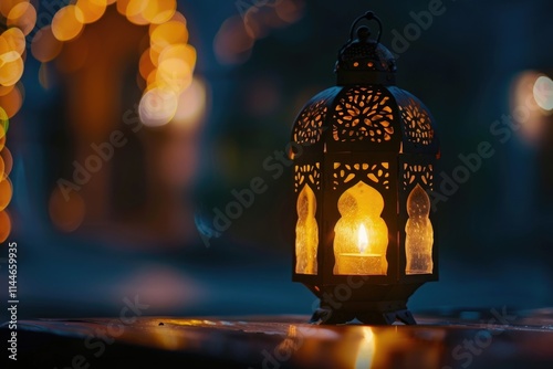 Ramadan Kareem greeting card with glowing lantern and mosque. photo