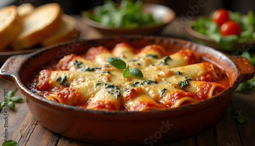 Plate of stuffed manicotti pasta with tomato sauce, parmesan, and fresh basil garnish