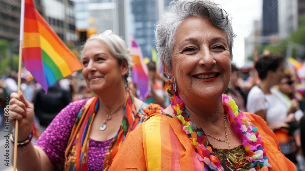 Fototapeta premium Mature women at the LGBTQ parade, showing solidarity with colorful pride flags
