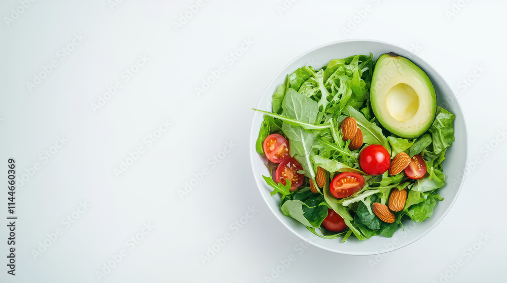 Fresh salad bowl with greens, cherry tomatoes, avocado, and almonds. colorful and healthy meal option