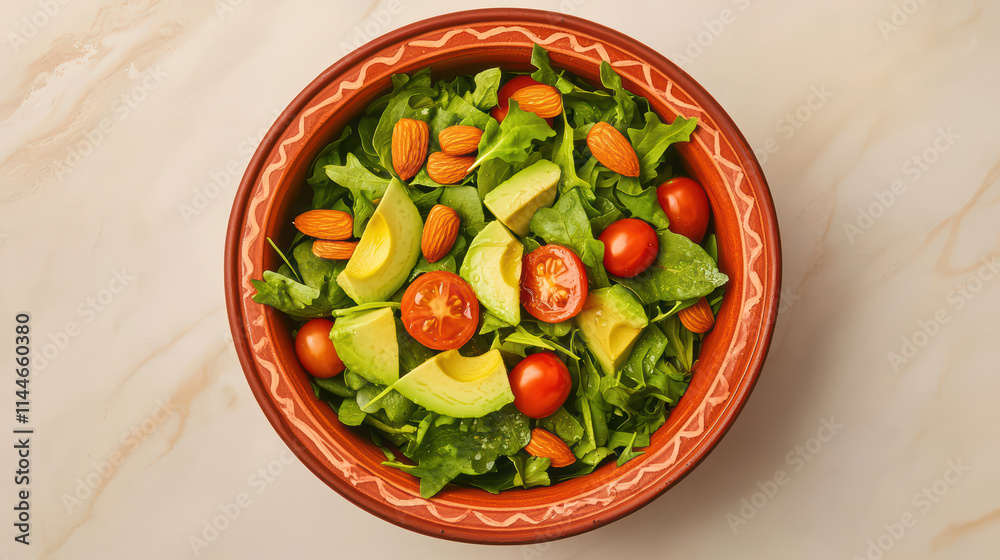 Top view of vibrant salad bowl filled with fresh greens, tomatoes, avocado, and almonds, creating colorful and healthy meal Top view of vibrant salad bowl filled with fresh greens, tomatoes, avocado, and almonds, creating colorful and healthy meal