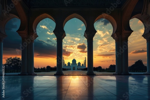 Outdoor floor with mosque silhouette against dramatic sky. Islamic theme.