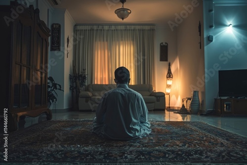 Prayer is the surrender of all fears. Shot of a young muslim man praying in the lounge at home. photo