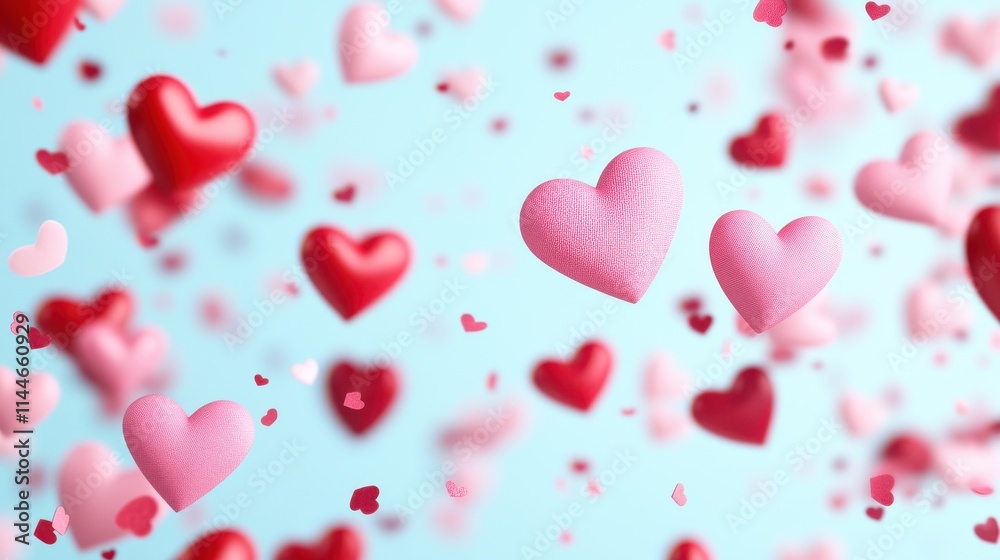 A vibrant array of floating hearts in red and pink against a soft blue background, evoking a sense of love and celebration.