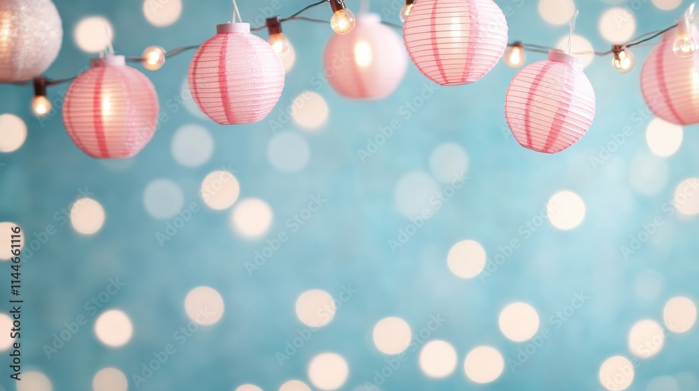 A string of pink and white lanterns hangs against a soft blue background, adorned with shimmering bokeh lights. A string of pink and white lanterns hangs against a soft blue background, adorned with shimmering bokeh lights.