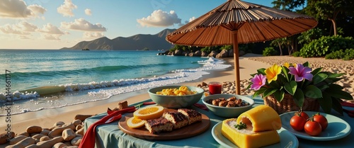A beach scene with a table full of food and a large umbrella. Scene is relaxed and inviting, as if someone is enjoying a leisurely meal by the ocean