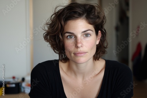 Woman with curly hair sitting indoors, gazing thoughtfully at the camera in a cozy environment