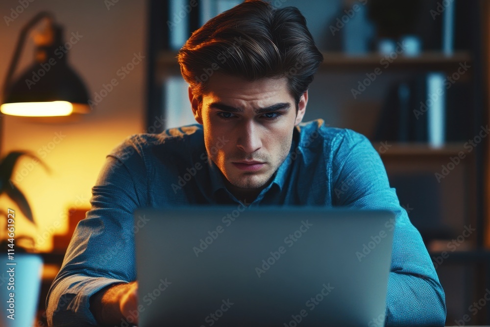 Focused Young Man Working Late at Night on Laptop in Modern Home Office with Warm Lighting and Thoughtful Expression Focused Young Man Working Late at Night on Laptop in Modern Home Office with Warm Lighting and Thoughtful Expression