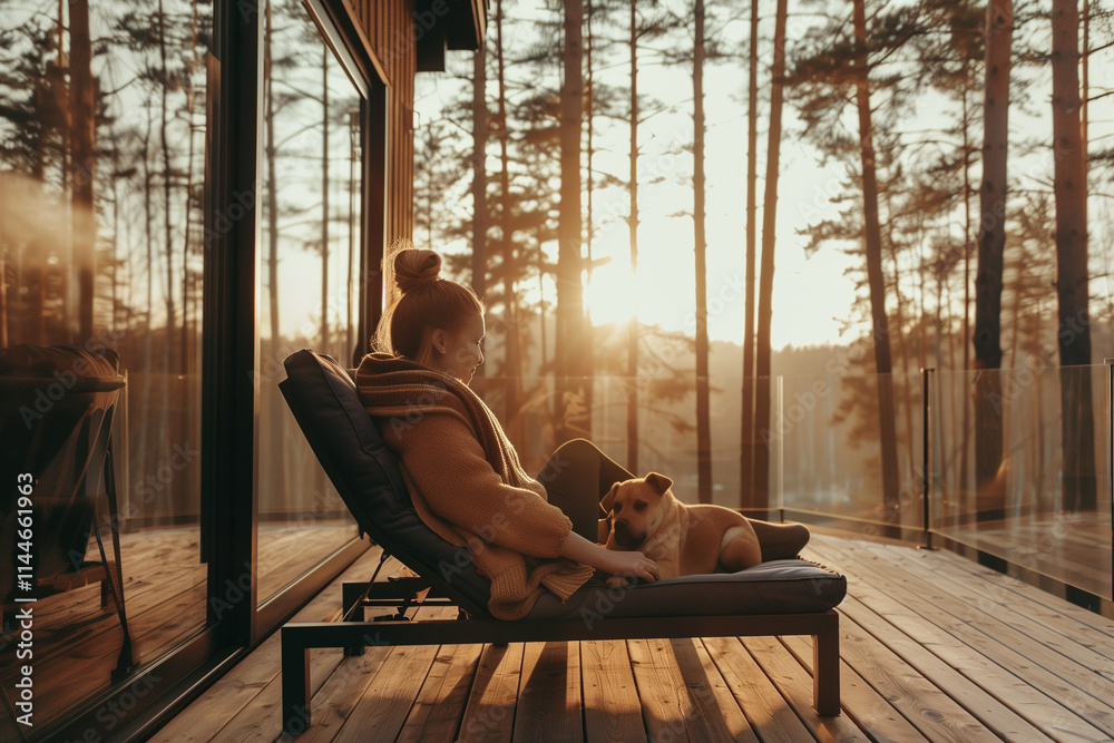 Woman relaxing on a sunbed embracing her pet amidst a scenic pine forest Woman relaxing on a sunbed embracing her pet amidst a scenic pine forest