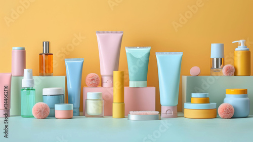 Bright and colorful personal care products arranged on pastel blocks, showcasing variety of skincare and beauty items. vibrant display evokes sense of freshness and self care