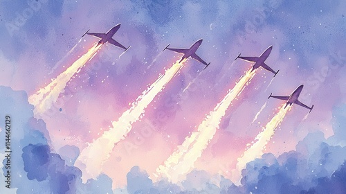 Jet contrails against watercolor sky at dusk digital art dreamlike environment aerial view aviation concept