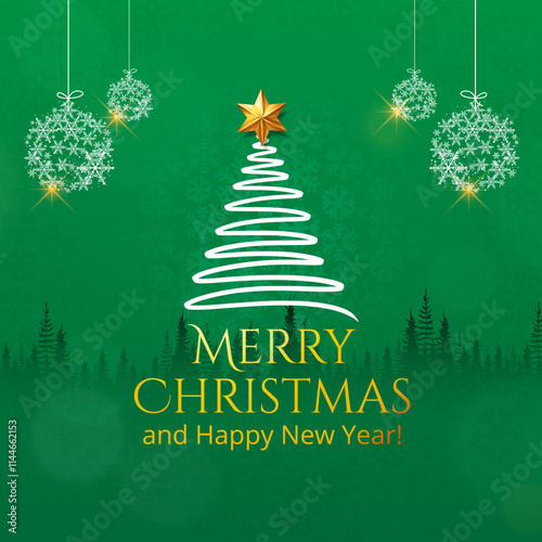 Christmas card with Christmas tree Digital Web banner Background, Snowflakes, Star, Balls. Christmas Social media post, Flyer, Banner. Happy Holiday, Website Banner, Editable Marry Christmas Text