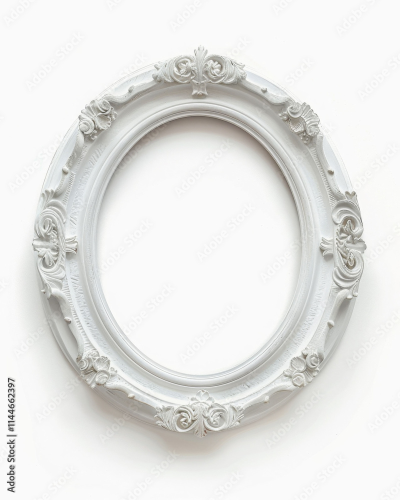Elegant oval antique frame in white color, perfect for showcasing art or photographs. Its intricate design adds touch of sophistication to any decor Elegant oval antique frame in white color, perfect for showcasing art or photographs. Its intricate design adds touch of sophistication to any decor