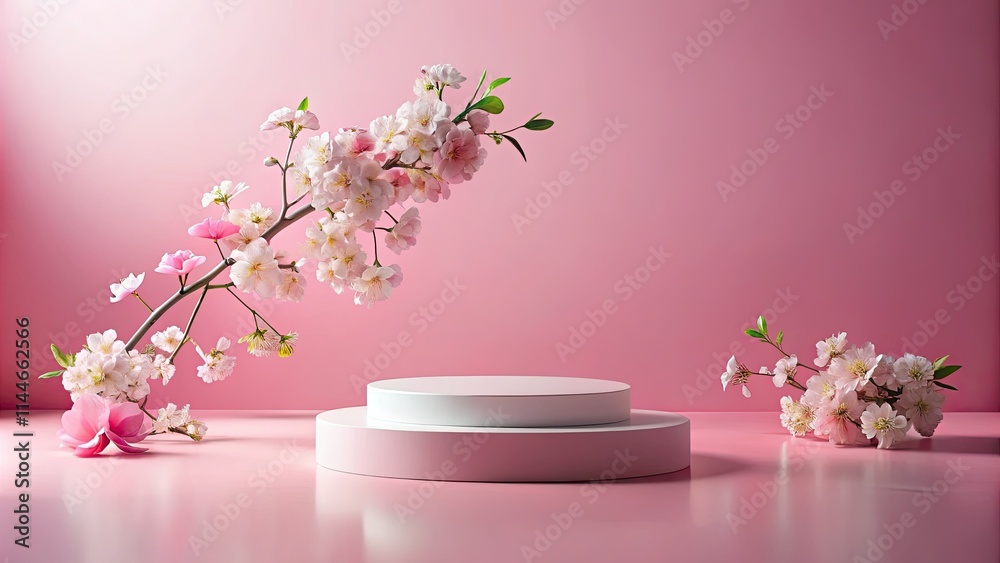 Soft pink backdrop, white platform, subtle lighting highlights pastel blooms in a tranquil night scene. Soft pink backdrop, white platform, subtle lighting highlights pastel blooms in a tranquil night scene.
