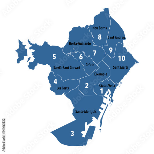 The 10 districts of Barcelona city in Spain