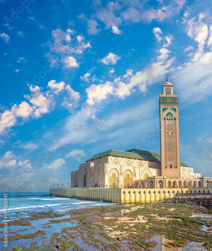 Dramatic view of the Hassan II Mosque on the Corniche promenade along the rugged coast of the Atlantic ocean,  Casablanca, Morocco