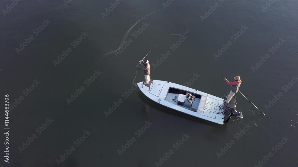 Aerial high angle view of men fly fishing from a small boat.