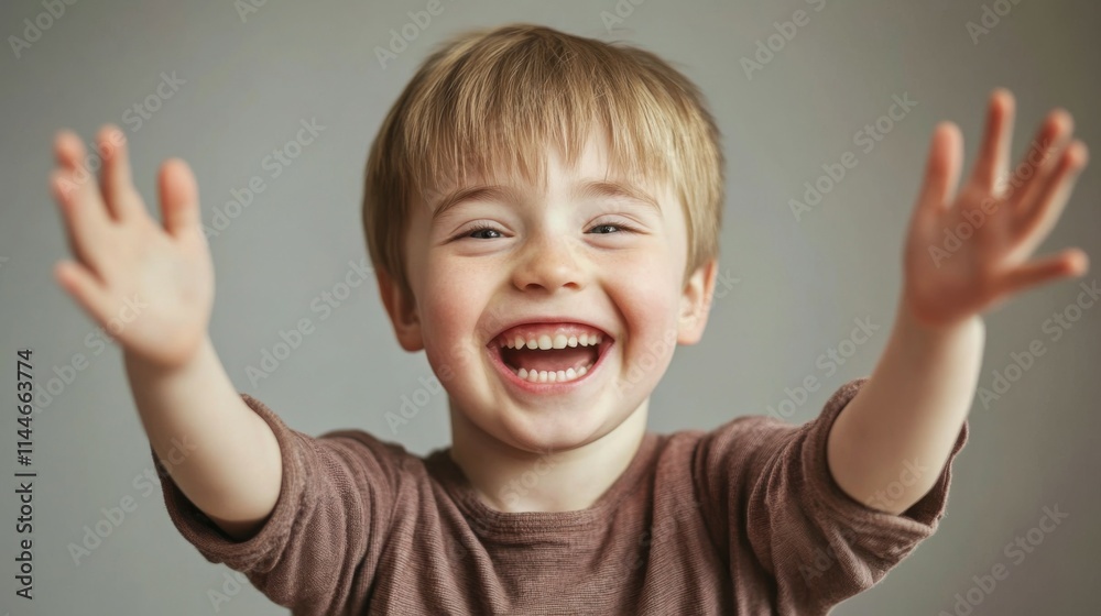 White boy with down syndrome smiling and gesturing at camera White boy with down syndrome smiling and gesturing at camera