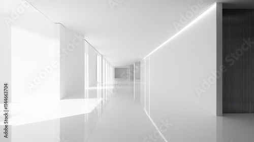 A bright and empty hall room with a blank white wall, glossy white floor, and evenly distributed LED lighting from the ceiling