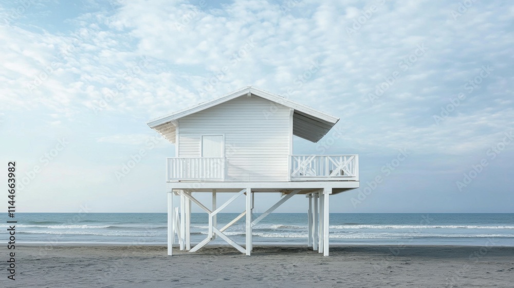 White wooden shelter elevated on stilts, located on the northern seashore. Ideal for beach architecture, coastal retreats, and scenic views White wooden shelter elevated on stilts, located on the northern seashore. Ideal for beach architecture, coastal retreats, and scenic views