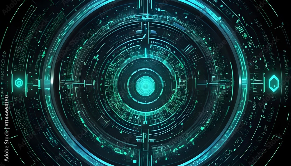Futuristic Tech Interface: Abstract Circular Design with Glowing Teal and Dark Background Futuristic Tech Interface: Abstract Circular Design with Glowing Teal and Dark Background