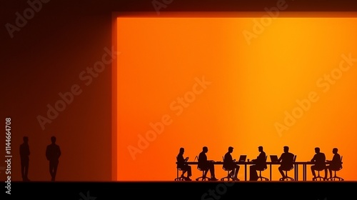 Silhouetted team meeting, illuminated backdrop, two figures nearby.