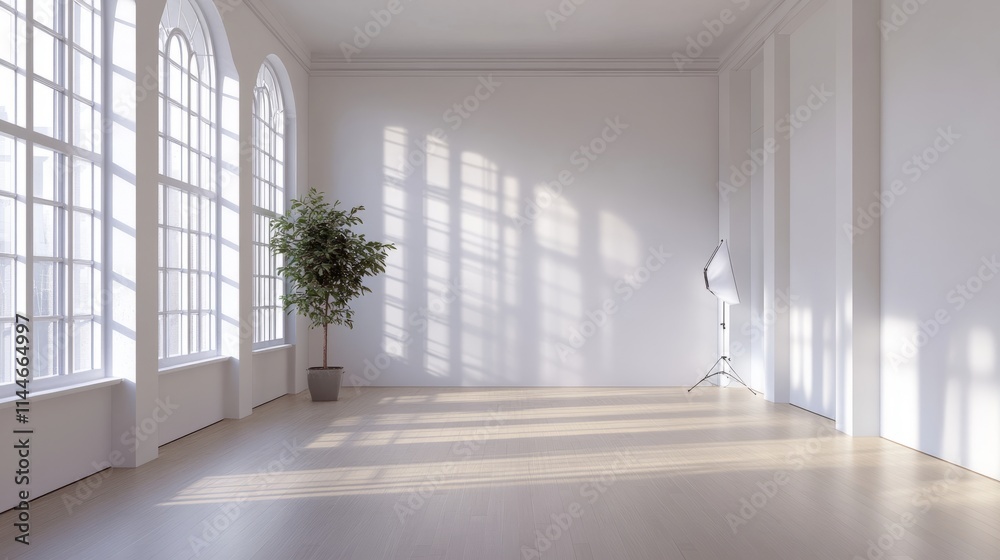 Fototapeta premium A clean, empty studio with a photography lighting setup including softboxes, reflectors, and stands in a minimalist environment