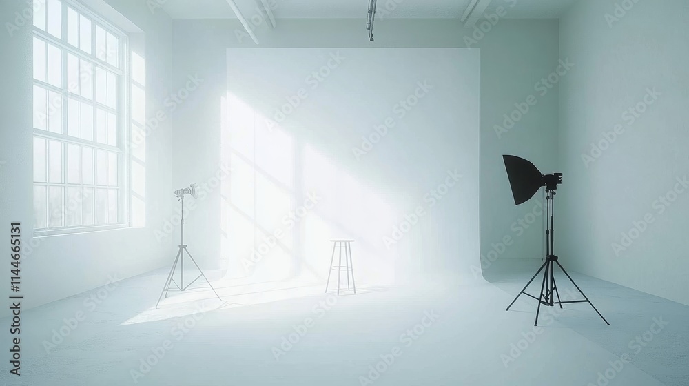 A clean, minimalist studio space with soft lighting equipment, a seamless white background, and adjustable tripods A clean, minimalist studio space with soft lighting equipment, a seamless white background, and adjustable tripods