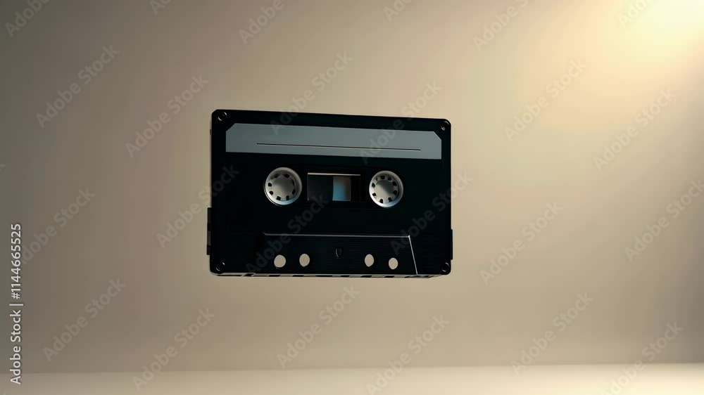 Classic cassette tape levitates against a minimalistic backdrop showcasing retro nostalgia and creativity