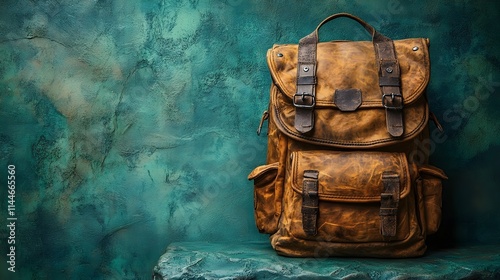 A brown leather backpack sits on a green surface