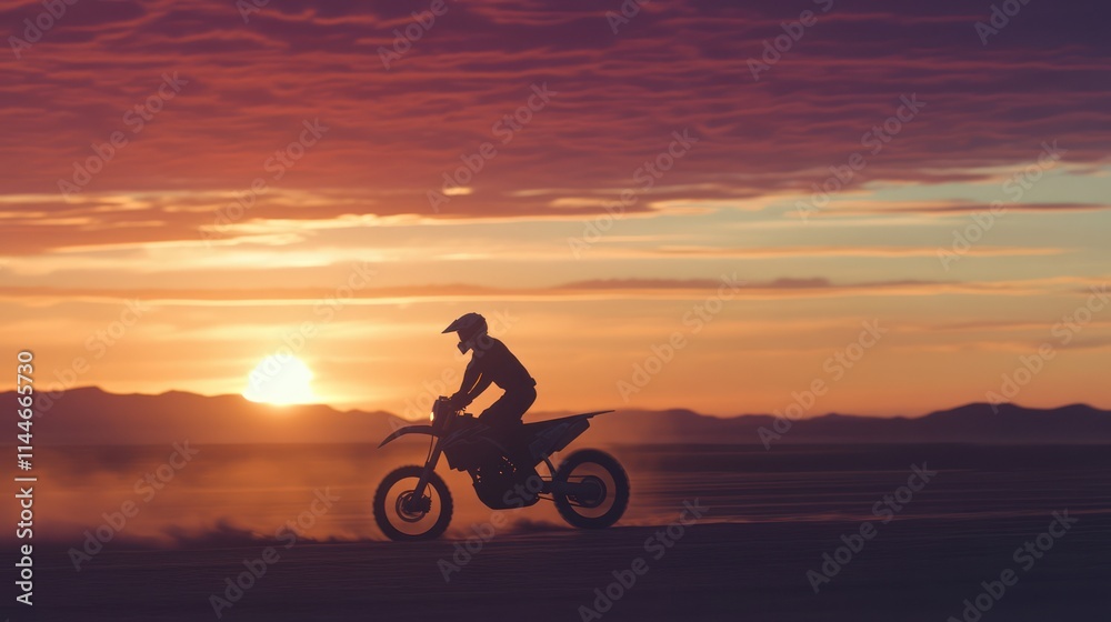 Sunset Silhouette of a Motocross Rider on a Desert Track, A stunning silhouette of a motocross rider against the vibrant hues of a desert sunset. The soft, warm light highlights the riders pose and th Sunset Silhouette of a Motocross Rider on a Desert Track, A stunning silhouette of a motocross rider against the vibrant hues of a desert sunset. The soft, warm light highlights the riders pose and th