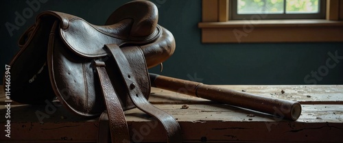 A brown leather saddle is on a wooden table. A wooden stick is leaning against the saddle. Scene is nostalgic and classic photo