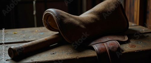 A brown leather saddle is on a wooden table. A wooden stick is leaning against the saddle. Scene is nostalgic and classic photo