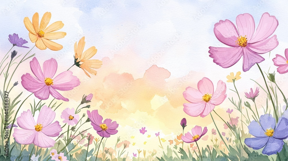 Fototapeta premium Vibrant sunrise illuminating colorful flowers nature scene digital art bright atmosphere low angle view serenity