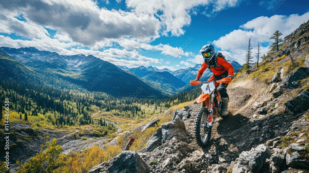 Motocross Rider Navigating Rocky Terrain in a Mountainous Area, A dramatic photo of a rider maneuvering through rocky terrain, surrounded by a rugged mountain landscape. Motocross Rider Navigating Rocky Terrain in a Mountainous Area, A dramatic photo of a rider maneuvering through rocky terrain, surrounded by a rugged mountain landscape.