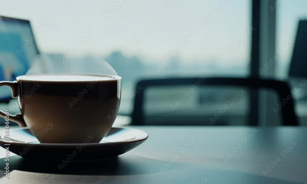 Closeup of coffee cup or mug drink, beverage placed on business office table desk next to the monitor screen display Closeup of coffee cup or mug drink, beverage placed on business office table desk next to the monitor screen display