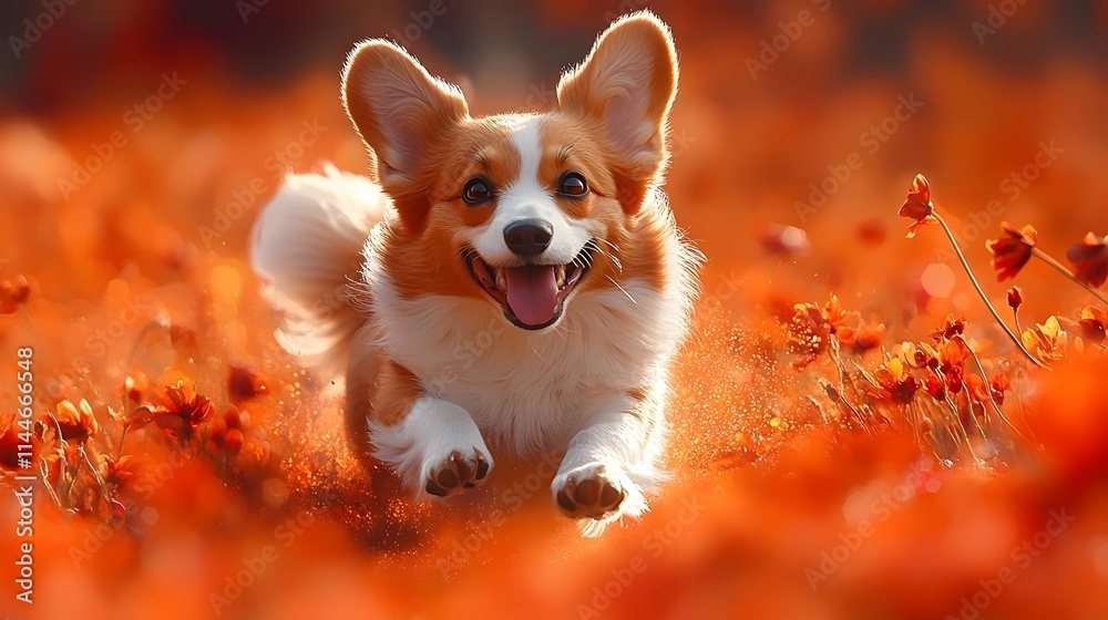 A dog is running through a field of flowers A dog is running through a field of flowers