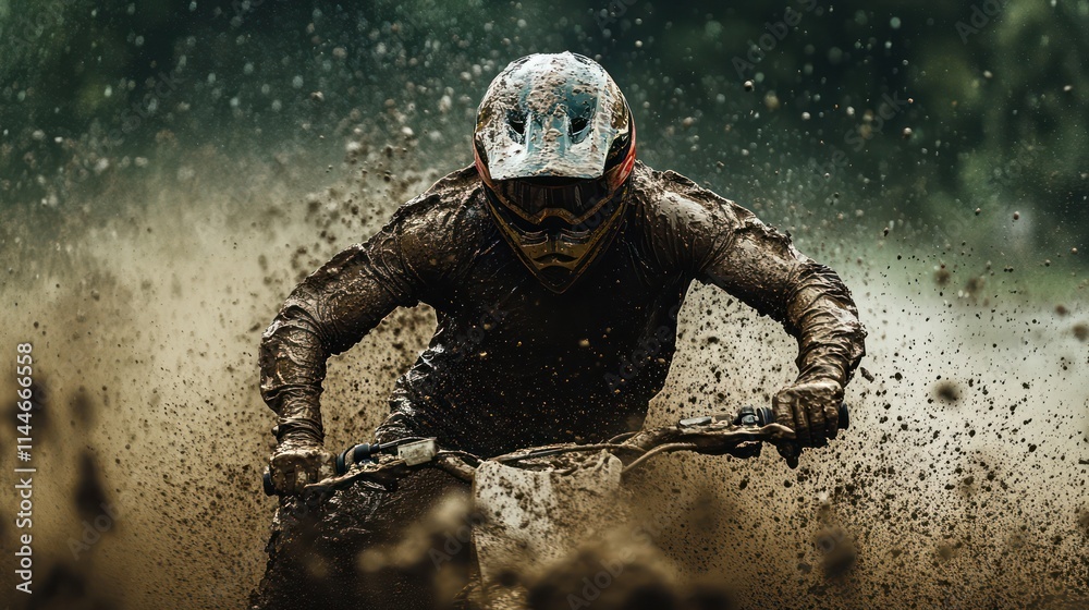 Fototapeta premium Motocross Rider Pushing Through Rainy Weather on a Muddy Track, A gritty image of a rider covered in mud, battling harsh weather conditions during a race. The rain and mud splashes create a raw and in