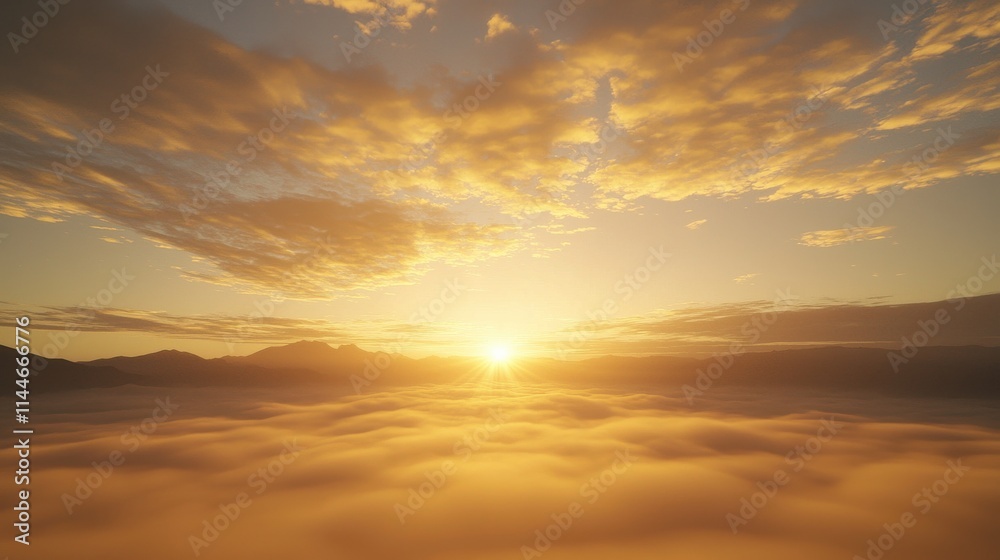 Golden rays of sunrise over foggy landscape scenic nature view tranquil environment aerial perspective