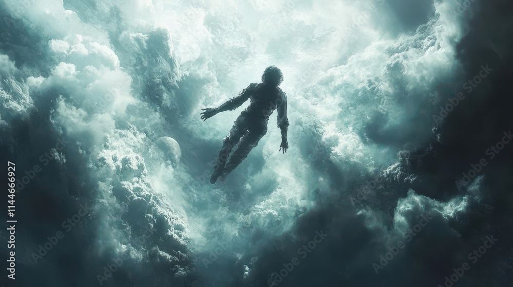 Generate a scene of an aerial artist suspended in the sky with exceptional flexibility, portrayed in a digital matte painting with stunning lighting effects Generate a scene of an aerial artist suspended in the sky with exceptional flexibility, portrayed in a digital matte painting with stunning lighting effects
