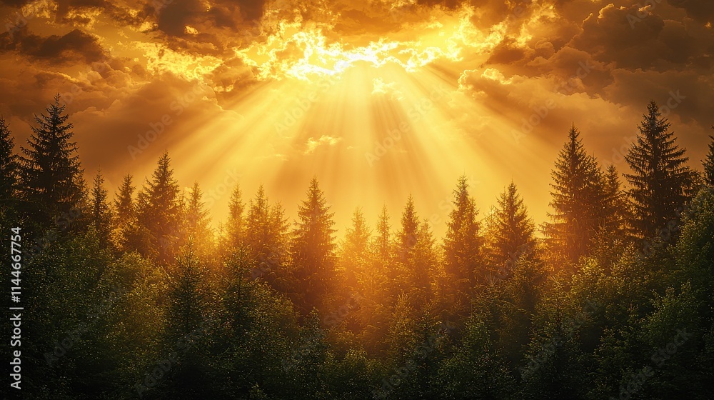 Obraz premium Golden sunlight breaking through clouds in forest landscape captivating nature majestic atmosphere