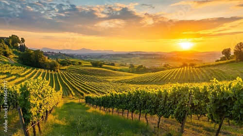 Wallpaper Mural Sunset widely illuminates green vineyard photo.. AI Generated Torontodigital.ca