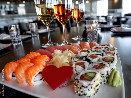 Sushi platter celebration modern restaurant food photography elegant atmosphere close-up view culinary delight