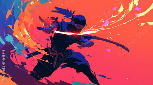 A dynamic ninja figure wielding a glowing sword against a vibrant, swirling background. photo