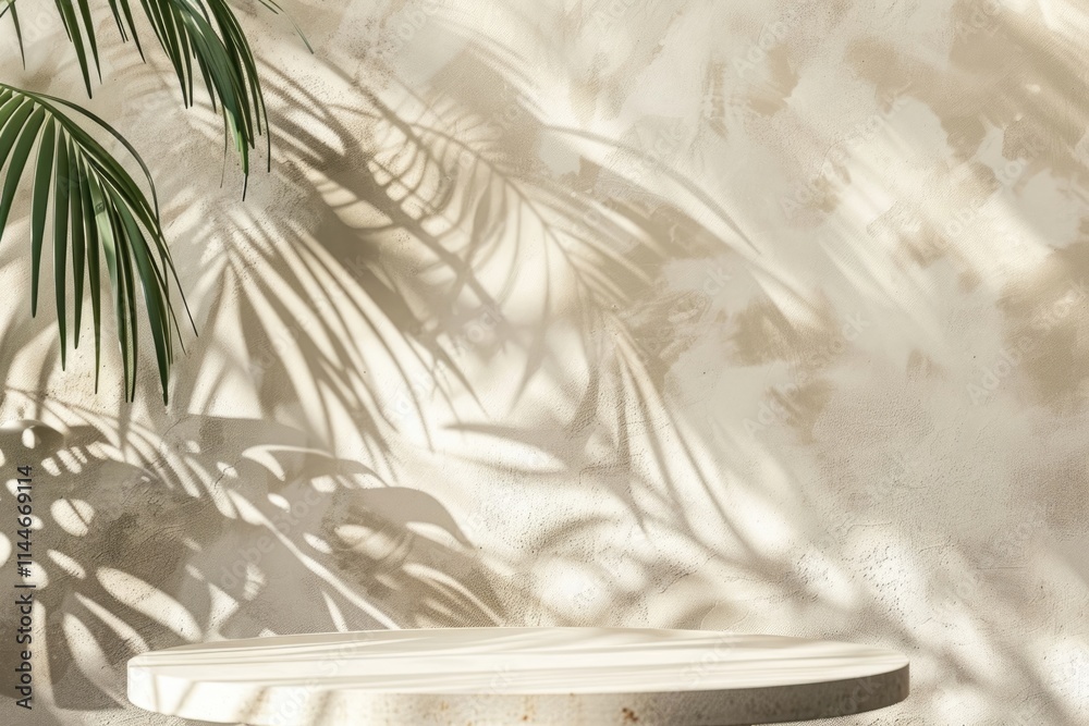 Empty table with monstera leaf shadow for product presentation. Empty table with monstera leaf shadow for product presentation.